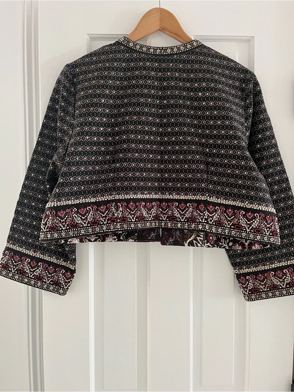 Soft Surroundings Black Cropped Embroidered Blazer with Burgundy & Cream Accent